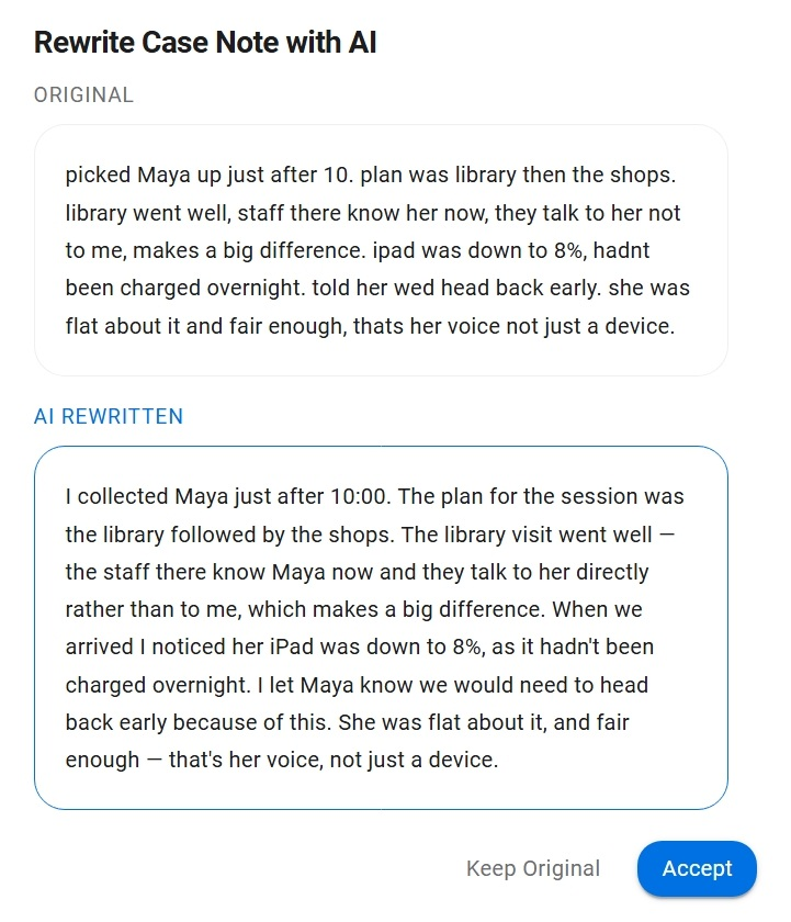 The AI rewrite dialog: the worker's rough note on top — lowercase, unpunctuated, written in a hurry — and the AI draft underneath, the same events in clean first-person prose, with Keep Original and Accept buttons below.