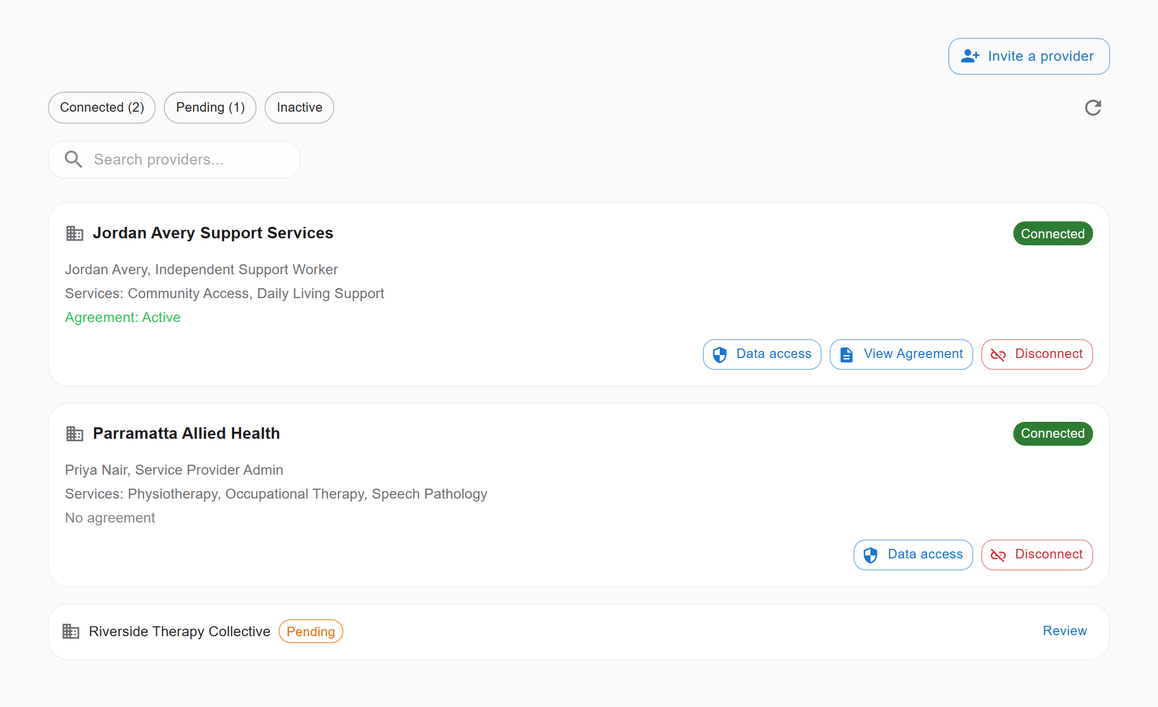 A participant's connections list: two connected providers, each card naming the person and their role, the services they provide and their agreement status, with Data access, View Agreement and Disconnect controls on the card — and beneath them a third provider still marked Pending, waiting to be reviewed.
