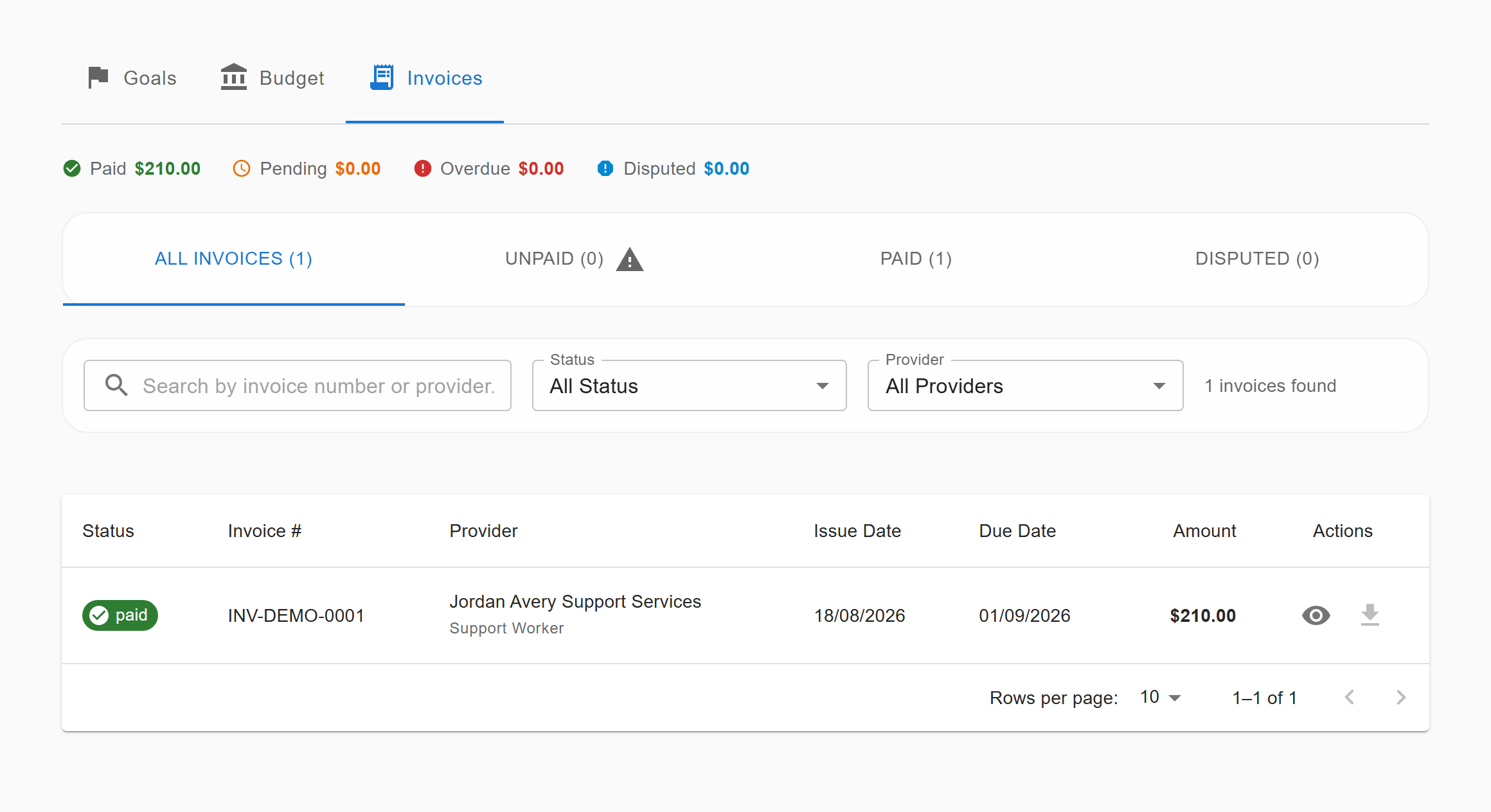 A participant's invoice list showing paid, pending, overdue and disputed totals, and one invoice with its number, issue date, due date and amount.
