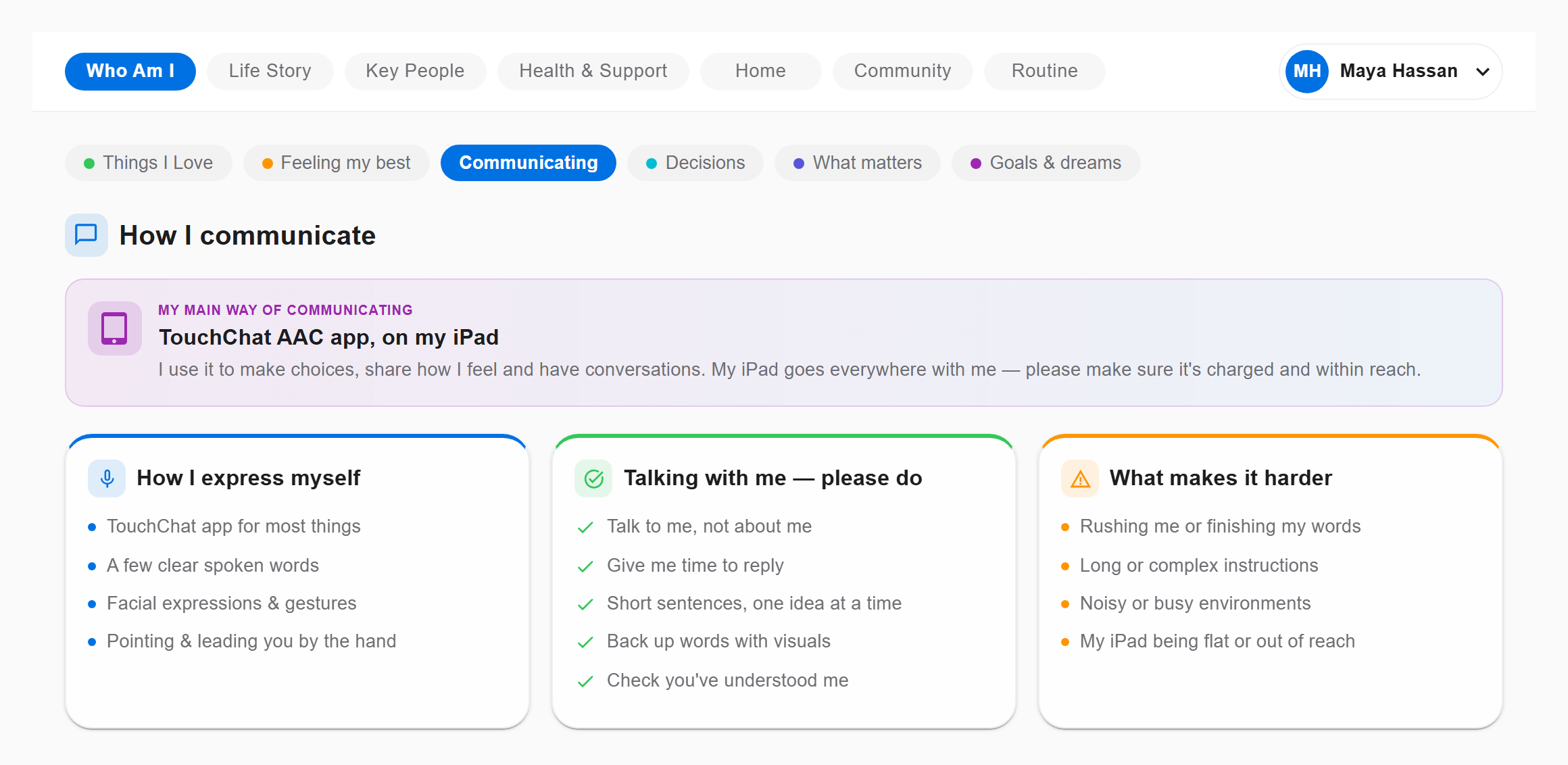 The Communicating part of a profile: the person's main way of communicating — an AAC app on an iPad — above three columns headed "How I express myself", "Talking with me — please do" and "What makes it harder".