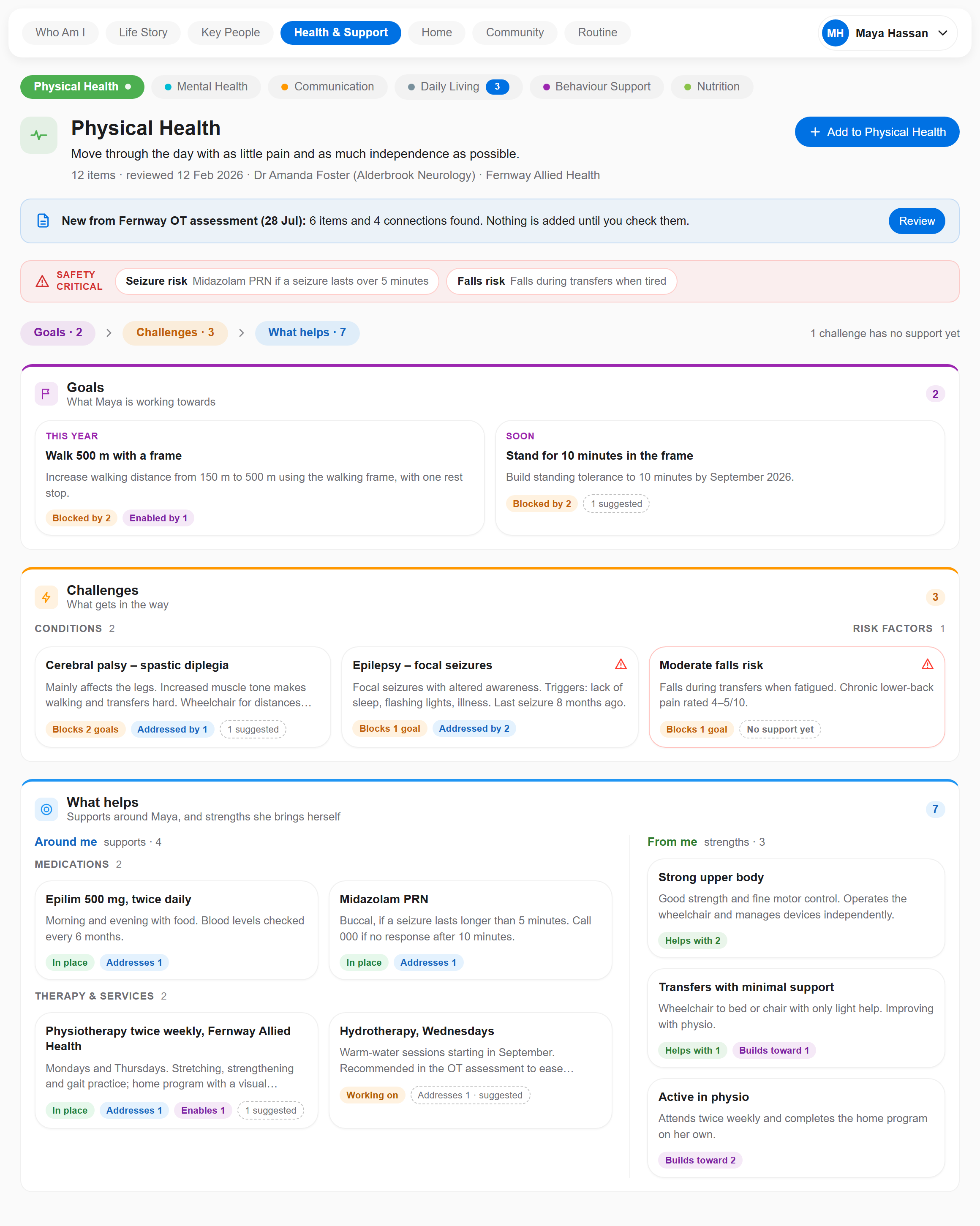 The Physical Health page of a profile, running top to bottom: a safety-critical strip naming a seizure risk and a falls risk, then Goals — what the person is working towards, then Challenges — what gets in the way, then What helps, split into supports around them and strengths they bring themselves. Each card carries counts of what it blocks, enables or addresses.